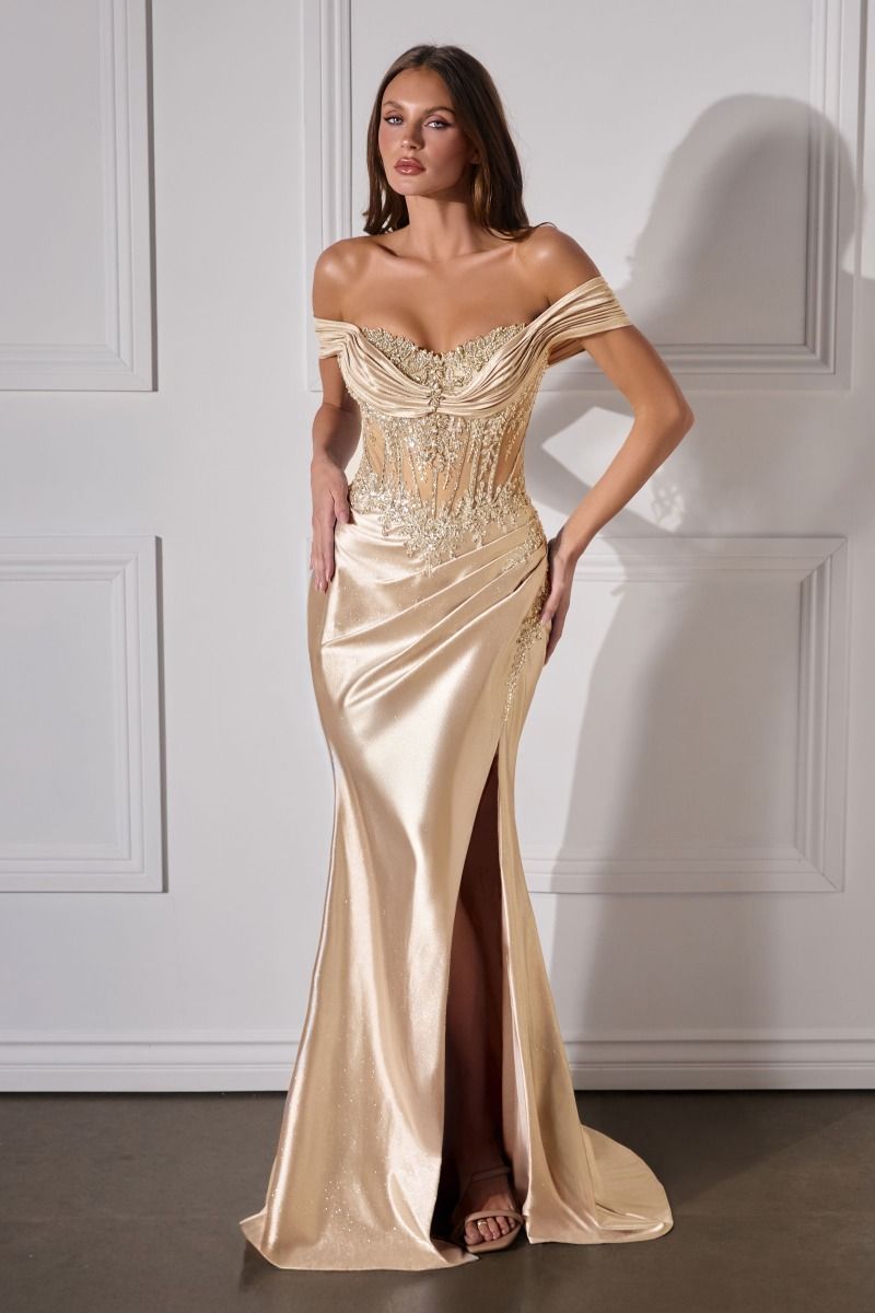 Gwenn – Abendkleid Satin Glitzer Corsage Beinschlitz