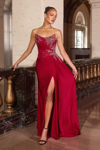 Citra – Abendkleid Satin Corsage Perlen Beinschlitz Figurbetont