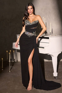 Hella – Abendkleid Chiffon Corsage Perlen Beinschlitz